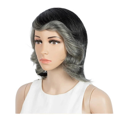 RitzWigs short wavy human hair bob wig in ombre grey and black with side-swept bangs on a mannequin
