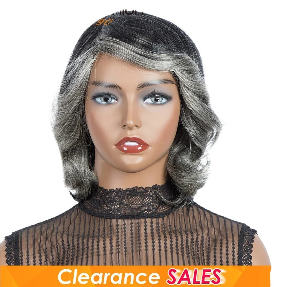 RitzWigs short wavy Brazilian Remy human hair wig in ombre purple and silver grey with bangs on a mannequin head