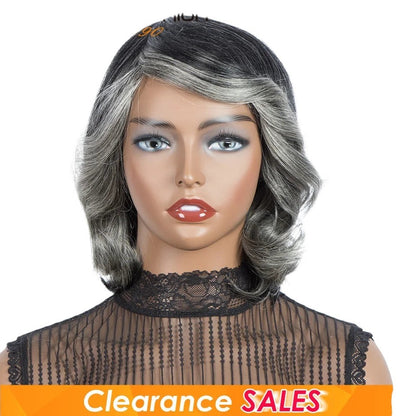 RitzWigs short wavy Brazilian Remy human hair wig in ombre purple and silver grey with bangs on a mannequin head