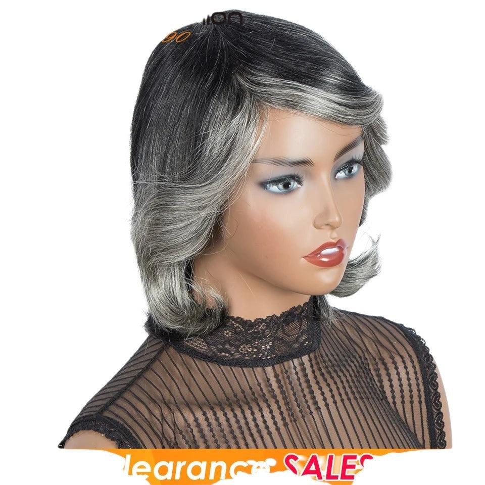 RitzWigs short wavy Brazilian Remy human hair wig in ombre purple and silver grey with bangs on a mannequin head