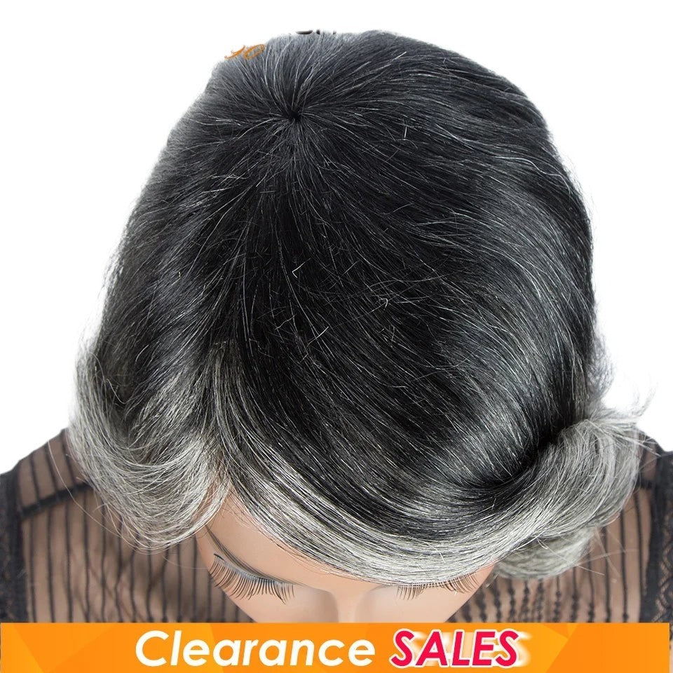 RitzWigs short wavy Brazilian Remy human hair wig in ombre purple and silver grey with bangs on a mannequin head