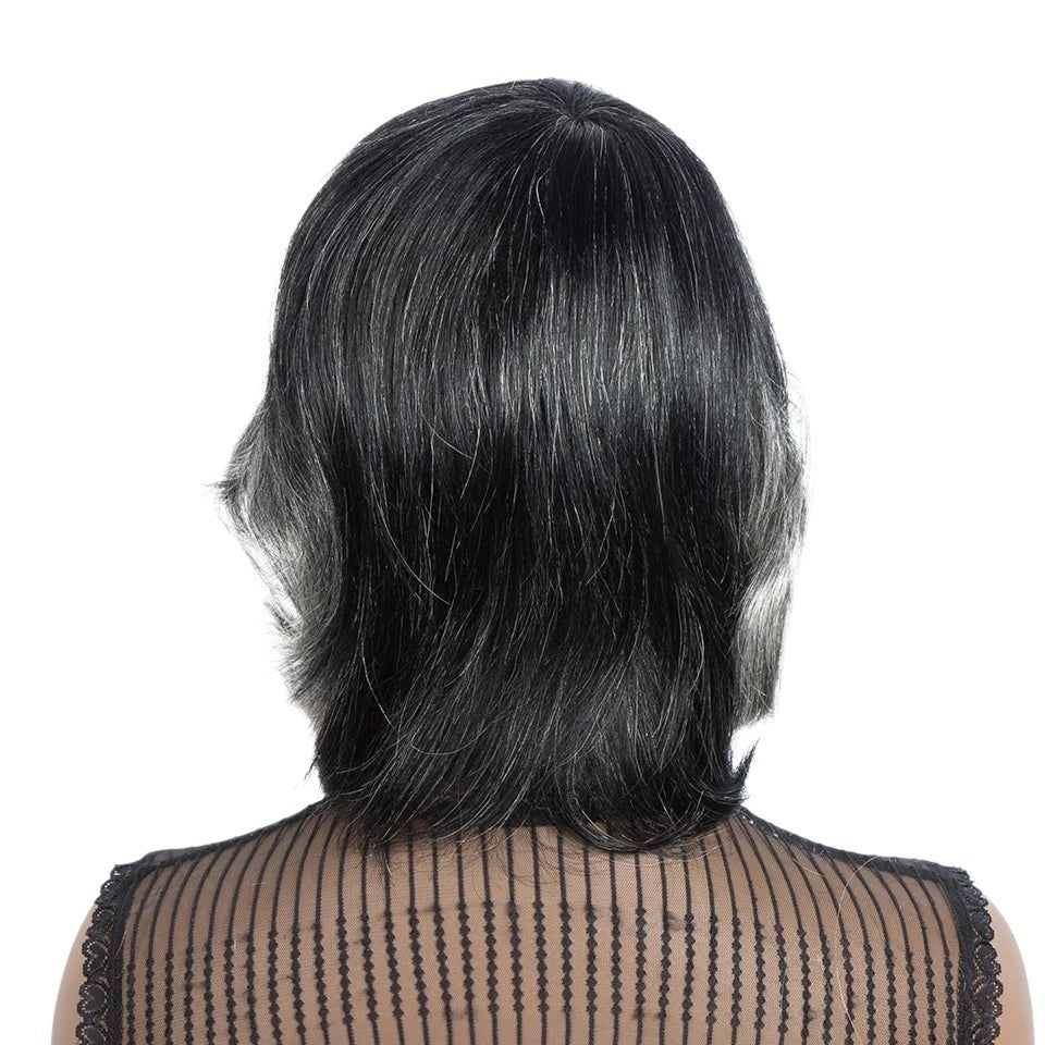 RitzWigs short wavy grey and silver Brazilian Remy human hair wig viewed from the back on a mannequin