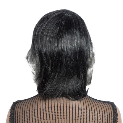 RitzWigs short wavy grey and silver Brazilian Remy human hair wig viewed from the back on a mannequin