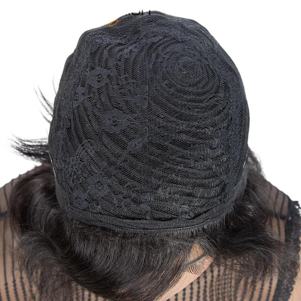 RitzWigs short wavy human hair wig cap construction showing black lace interior and adjustable straps