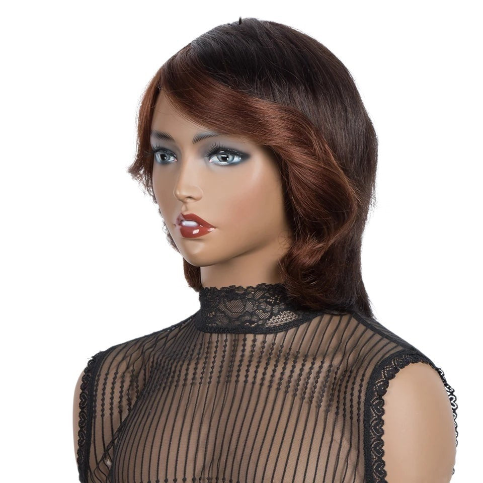 RitzWigs short wavy Brazilian Remy human hair wig with ombre brown and auburn tones on a mannequin