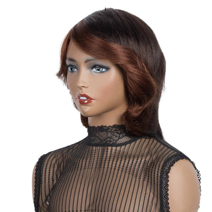 RitzWigs short wavy human hair wig with brown and auburn ombre tones on a mannequin head