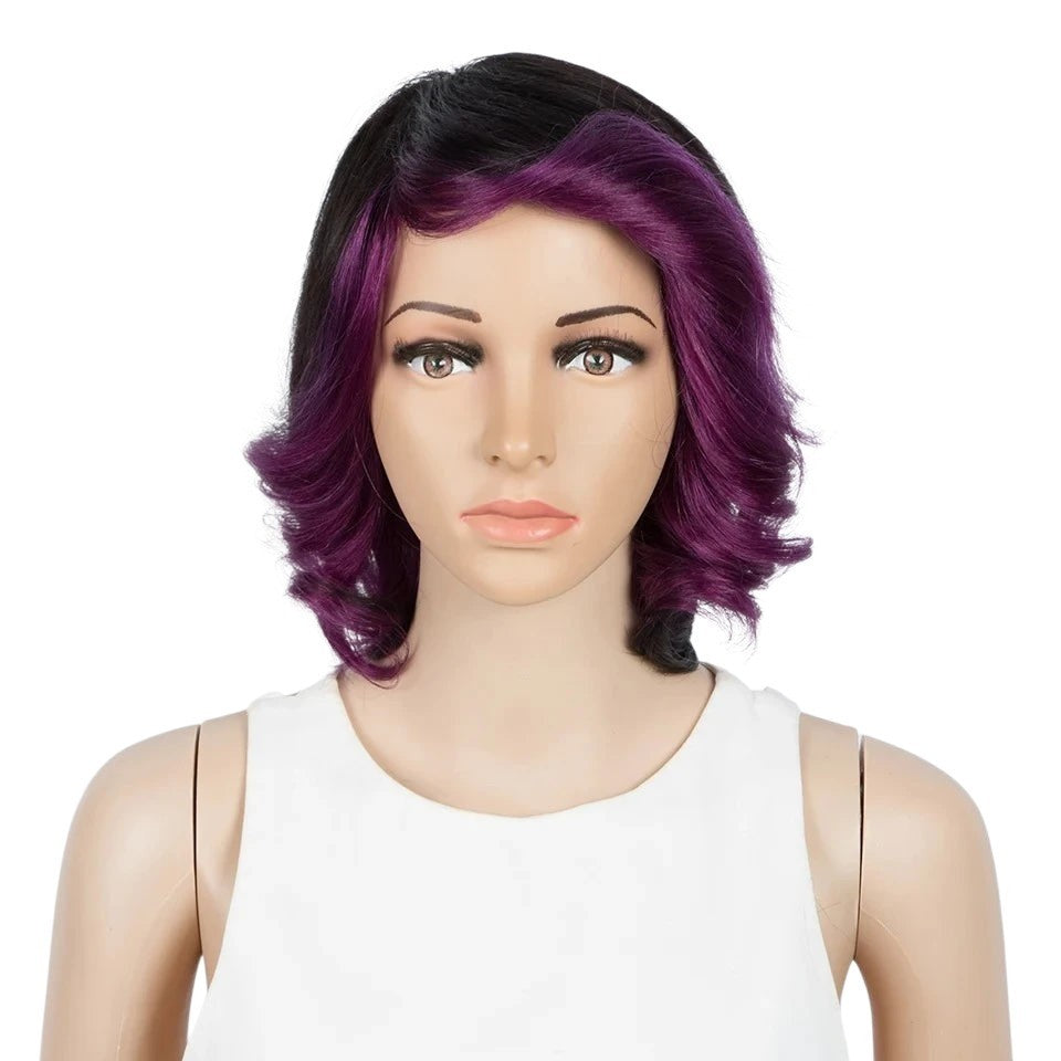 RitzWigs short wavy bob wig in black and purple ombre on a mannequin head