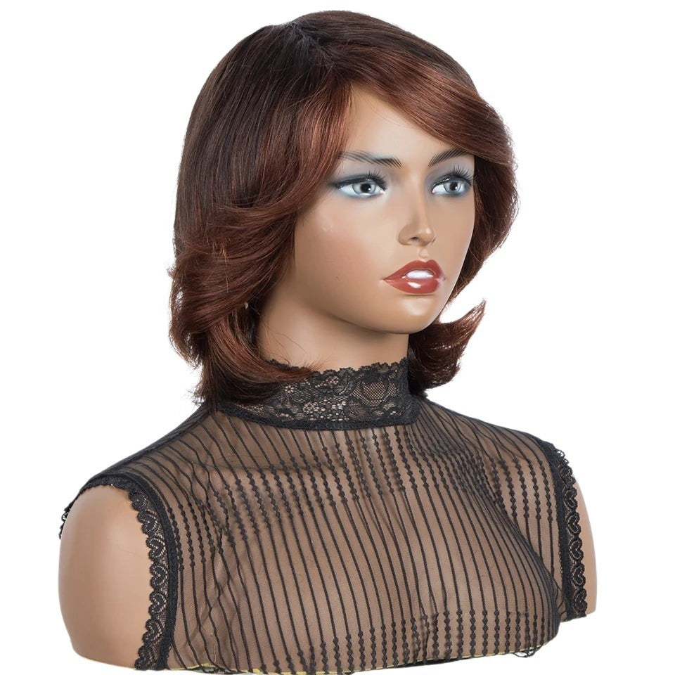 RitzWigs short wavy Brazilian Remy human hair wig in ombre brown with soft layers and bangs on a mannequin head