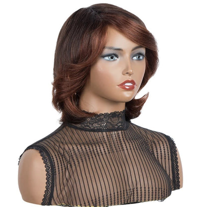 RitzWigs short wavy Brazilian Remy human hair wig in ombre brown with soft layers and bangs on a mannequin head