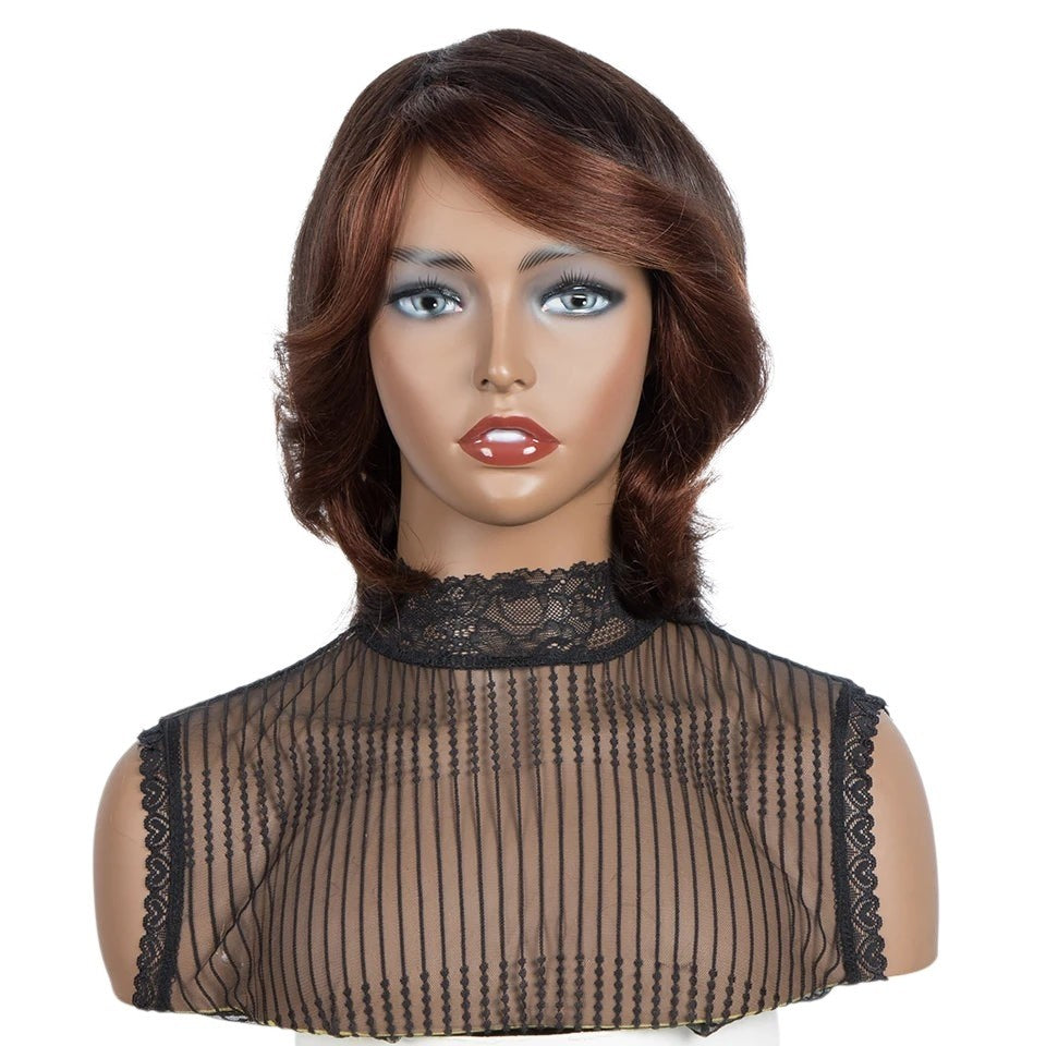 RitzWigs short wavy Brazilian Remy human hair wig in ombre brown with bangs on a mannequin head