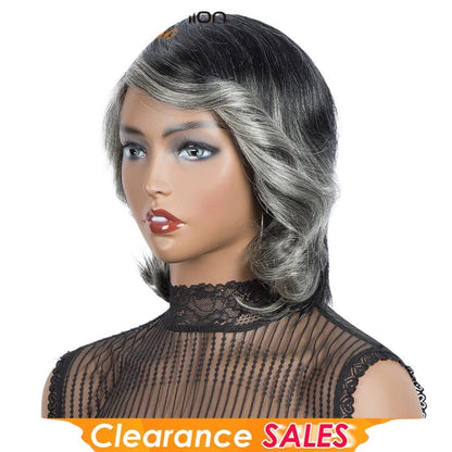 RitzWigs short wavy Brazilian Remy human hair wig in ombre purple and silver grey with bangs on a mannequin