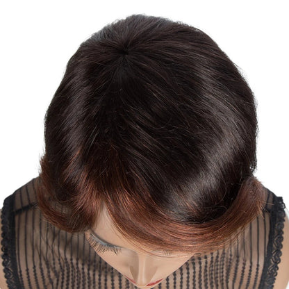 RitzWigs short wavy Brazilian Remy human hair wig with brown and auburn ombre tones on a mannequin head