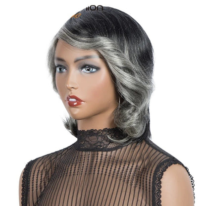RitzWigs short wavy Brazilian Remy human hair wig in ombre purple and silver grey with bangs on a mannequin