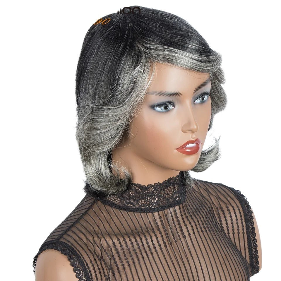 RitzWigs short wavy human hair wig in ombre purple and silver grey with bangs on a mannequin head