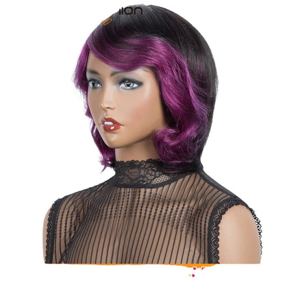 RitzWigs short wavy Brazilian human hair wig in black with purple skunk stripe highlights on a mannequin head