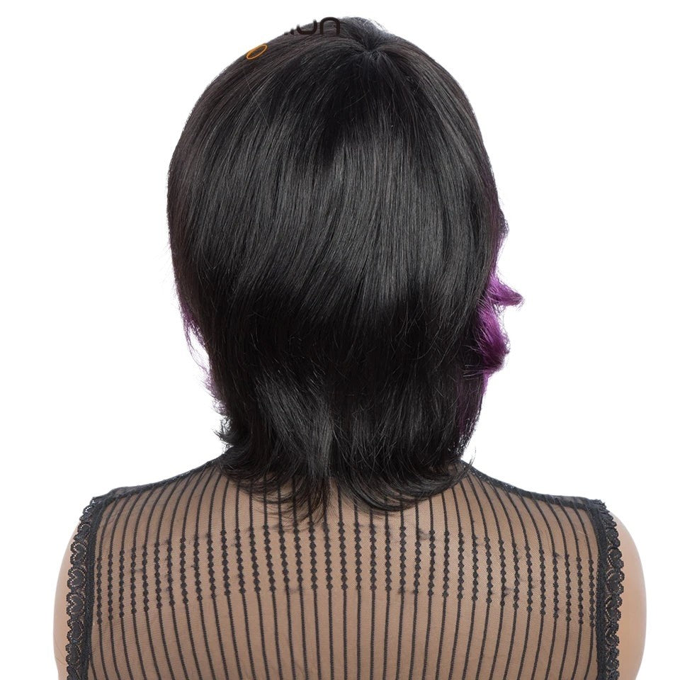 RitzWigs short wavy Brazilian Remy human hair wig in black with purple ombre highlights, viewed from the back.