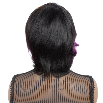 RitzWigs short wavy Brazilian Remy human hair wig in black with purple ombre highlights, viewed from the back.