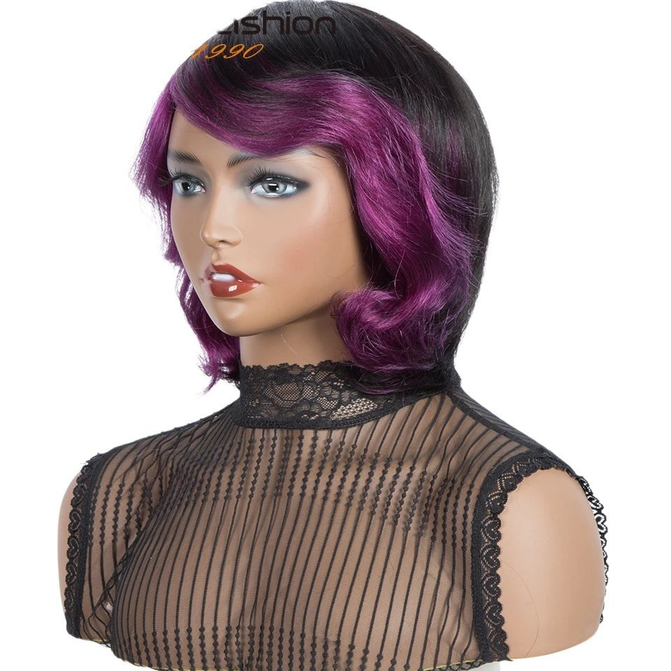 RitzWigs short wavy Brazilian Remy human hair wig with purple and black ombre colour and bangs on a mannequin