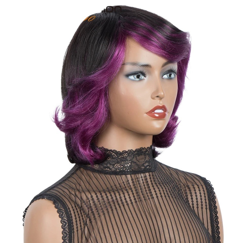 RitzWigs short wavy human hair wig in black and purple ombre with bangs on a mannequin