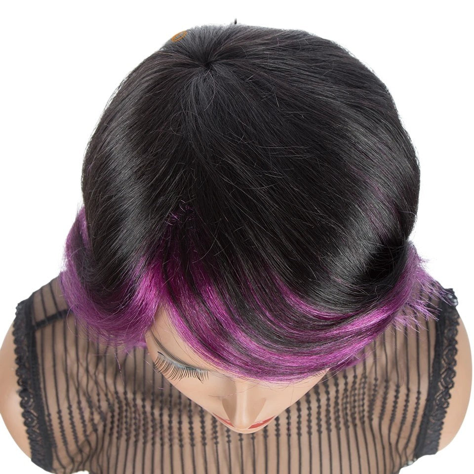 RitzWigs short wavy human hair pixie wig with black roots and purple highlights on a mannequin head