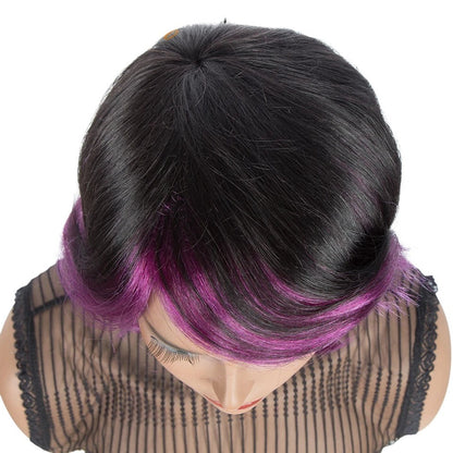 RitzWigs short wavy human hair pixie wig with black roots and purple highlights on a mannequin head