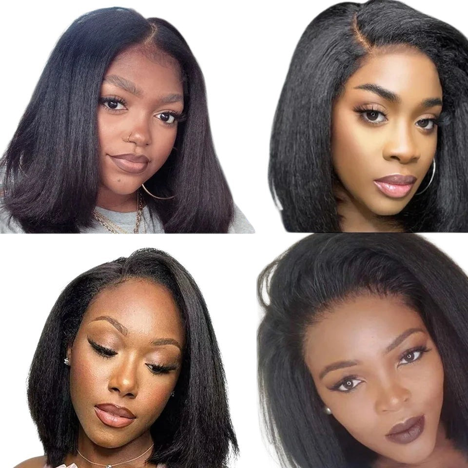 RitzWigs short yaki straight Brazilian human hair lace wig with a natural left side part and glueless design.