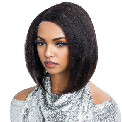RitzWigs short Yaki straight Brazilian human hair lace wig with a left side part on a model wearing a sequin top.