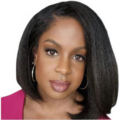 RitzWigs short yaki straight Brazilian human hair lace wig with a natural left side part on a model