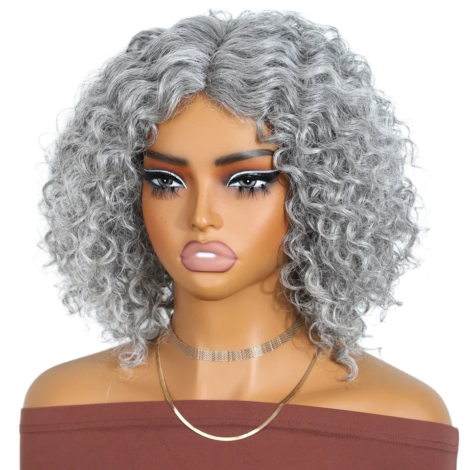 RitzWigs silver grey kinky curly short bob human hair wig with a middle part on a mannequin