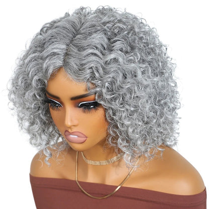 RitzWigs silver grey kinky curly short bob human hair wig with a middle part on a mannequin head.