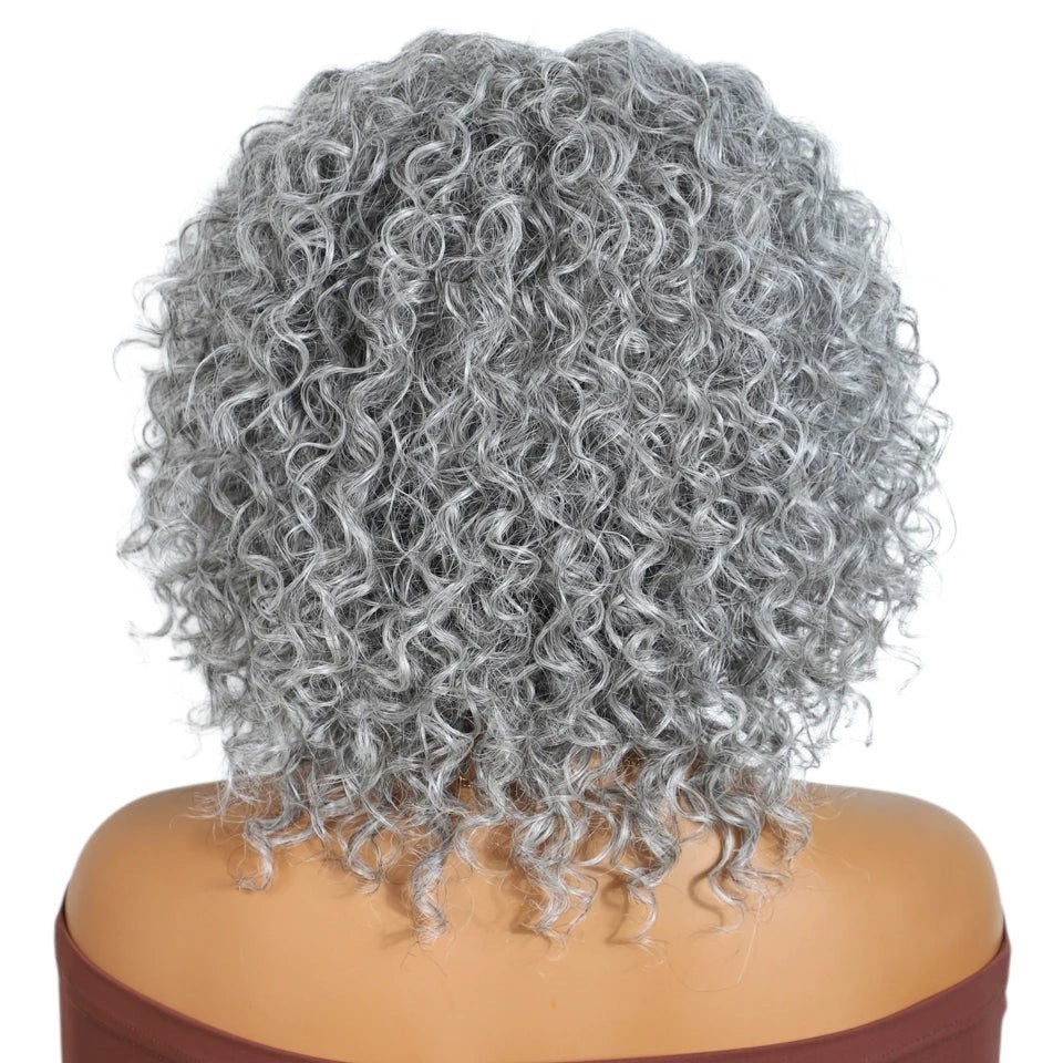 RitzWigs silver grey kinky curly short bob human hair wig with salt and pepper colour blend