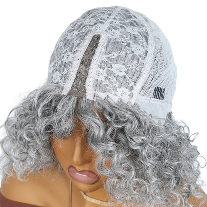 RitzWigs silver grey kinky curly human hair bob wig showing the transparent Swiss lace cap construction