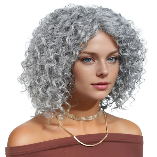 RitzWigs silver grey kinky curly short bob human hair wig with a middle part on a model with freckles