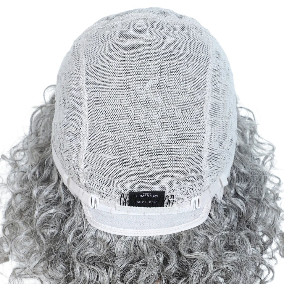 RitzWigs silver grey kinky curly human hair wig interior showing the breathable Swiss lace cap construction