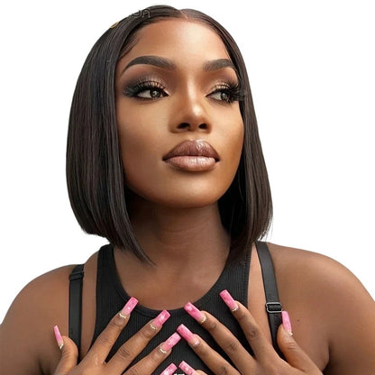 RitzWigs straight black bob human hair lace wig on a model with natural baby hair and a glueless cap design