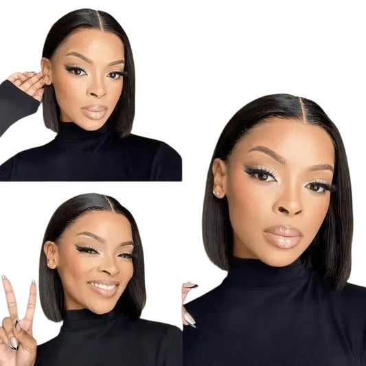 RitzWigs straight black bob human hair lace wig worn by a woman with a natural hairline and glueless fit