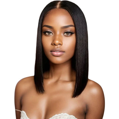 RitzWigs straight black bob human hair wig with 4x4 lace closure on a model with a natural, glueless finish