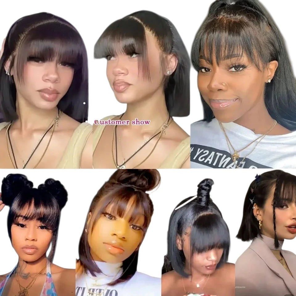 RitzWigs straight black bob human hair wig with bangs shown in various versatile hairstyles on diverse models