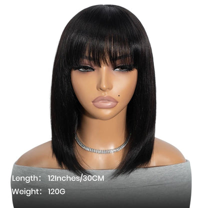 RitzWigs 12-inch straight black human hair bob wig with bangs on a mannequin head