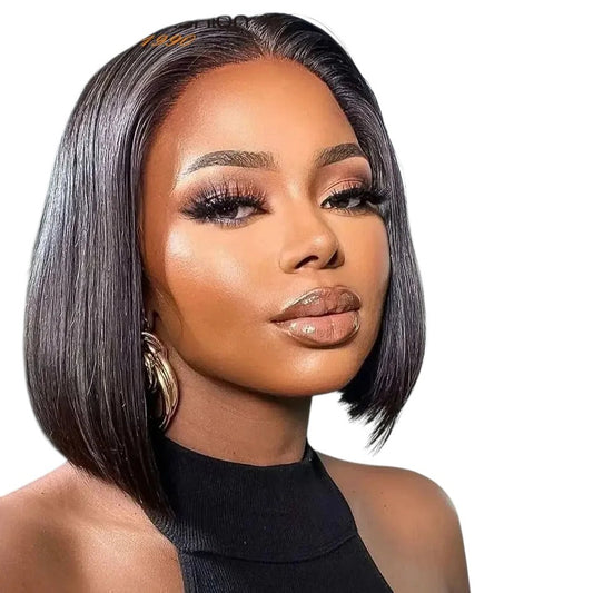 RitzWigs Brazilian straight black bob human hair wig with lace part worn by a model with glamorous makeup