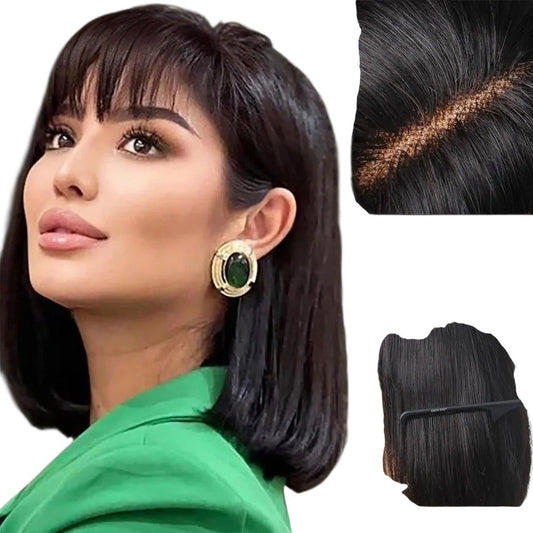 RitzWigs straight black bob wig with bangs on a model, featuring a natural scalp look with Swiss lace parting.