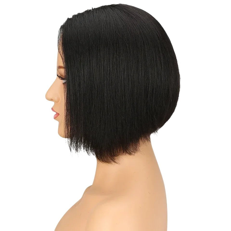 RitzWigs straight black bob human hair lace wig on a mannequin head, featuring a natural look and glueless design.