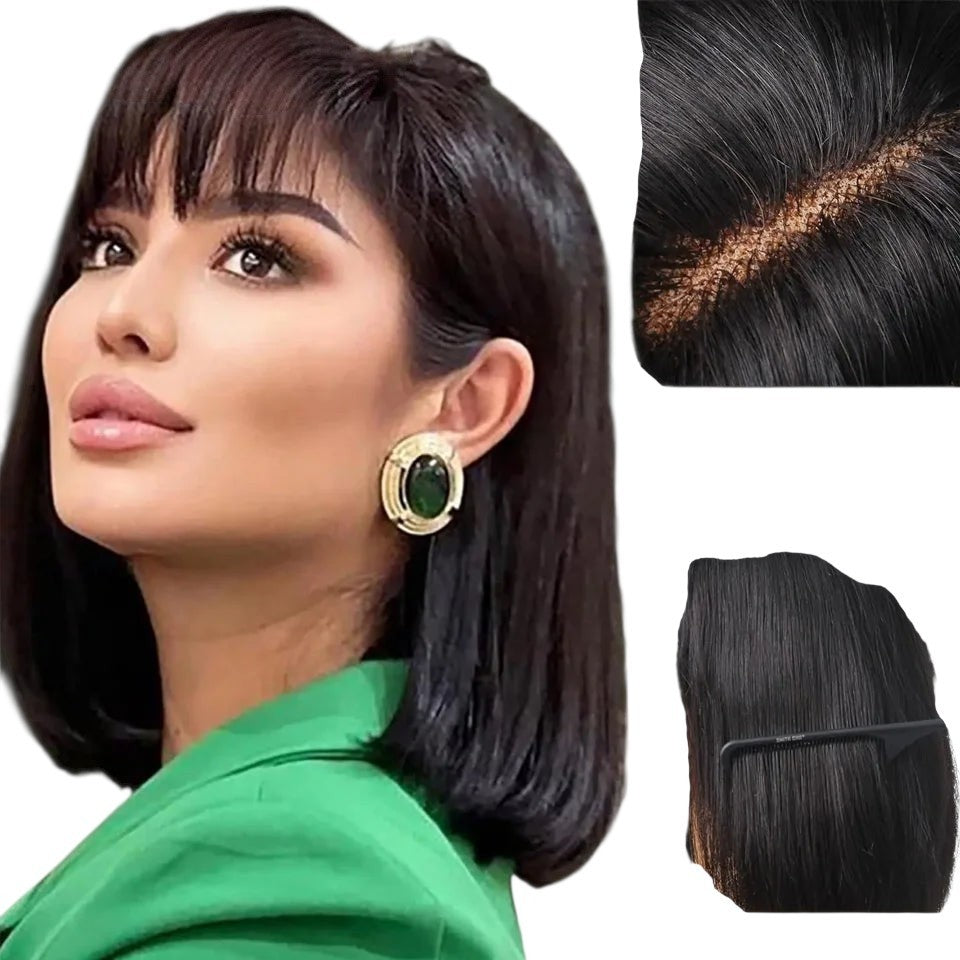 RitzWigs straight black bob wig with bangs, featuring 3x1 Swiss lace for a natural scalp look on a model.