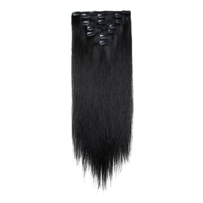 RitzWigs straight black human hair clip-in extensions with secure clips for easy application and natural volume.