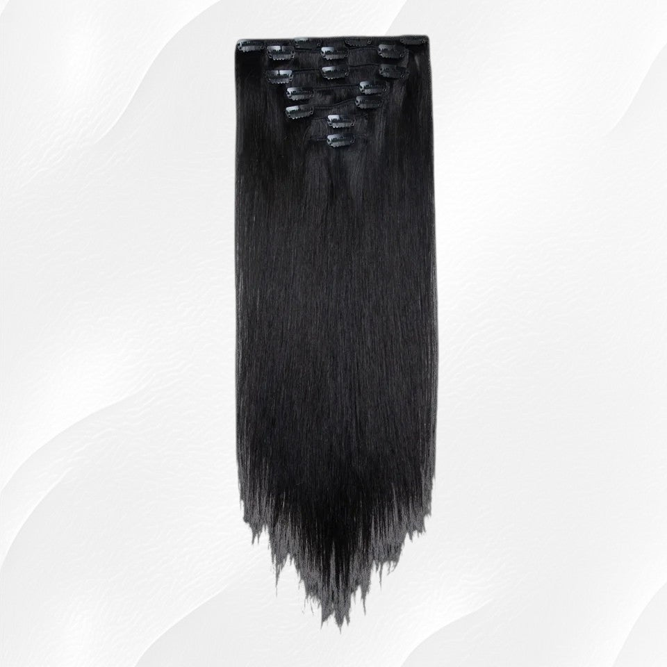 RitzWigs straight natural black human hair clip-in extensions set on a black background