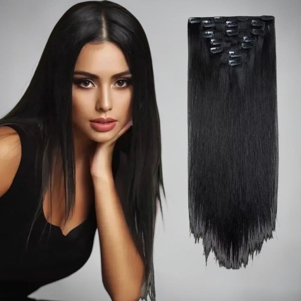 RitzWigs 7-piece straight black human hair clip-in extensions worn by a model for added length and volume