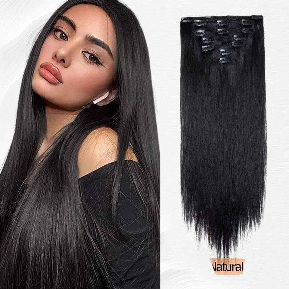 RitzWigs straight black clip-in human hair extensions set worn by a model for a natural, sleek look.