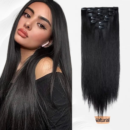 RitzWigs straight black clip-in human hair extensions set worn by a model for a natural, sleek look.