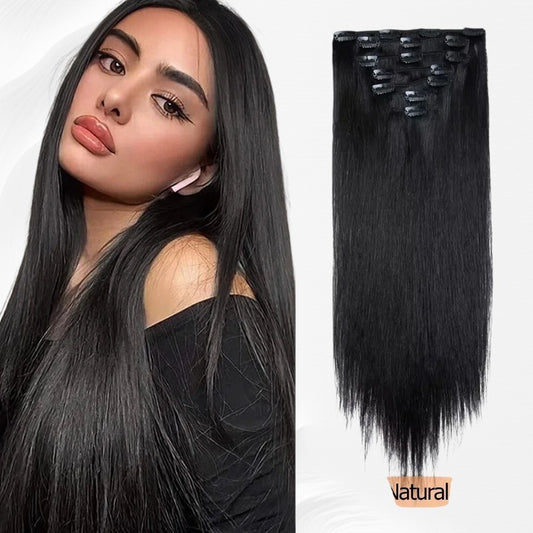 RitzWigs straight black clip-in human hair extensions set worn by a model for a natural, sleek look.