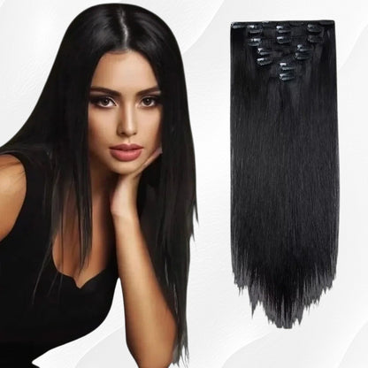 RitzWigs straight natural black human hair clip-in extensions shown with a model for length and volume reference.
